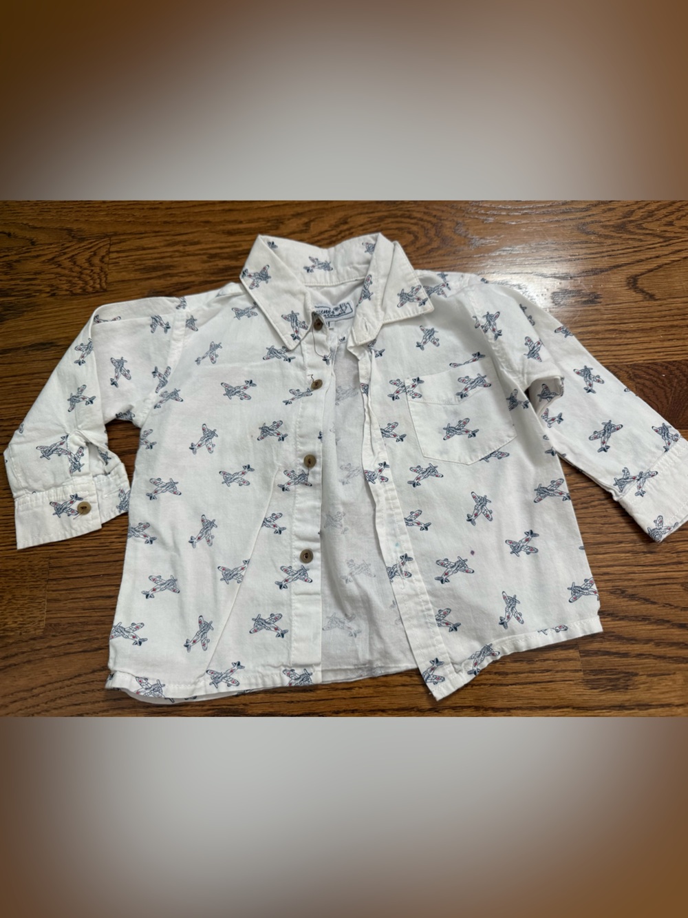 Kids White Button-Down Shirt with Airplane Print